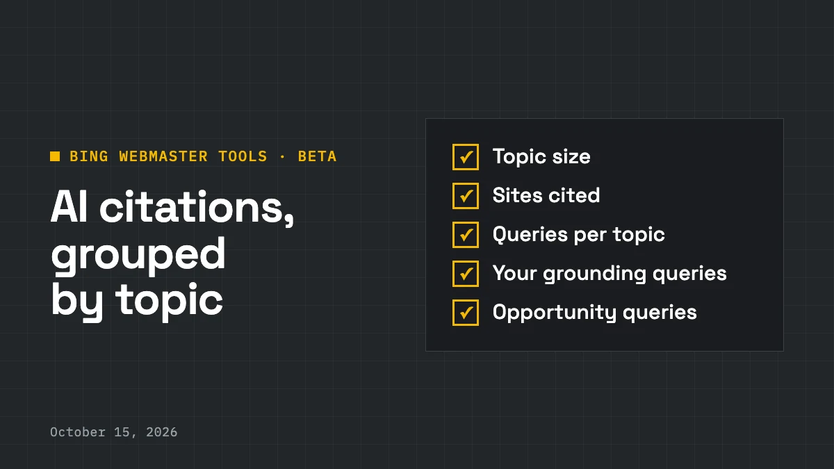 What the Topics Portfolio tab shows for each topic: topic size, sites cited, number of queries, your grounding queries and opportunity queries