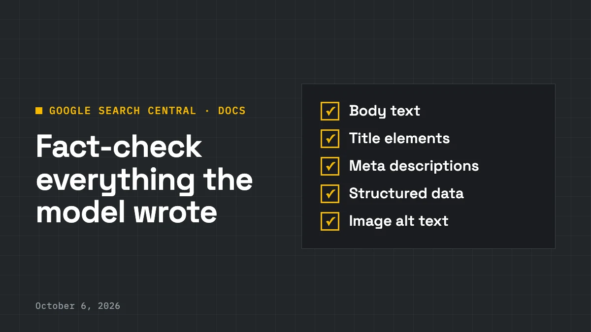 Checklist from Google's AI content guidance: fact-check body text, title elements, meta descriptions, structured data and image alt text