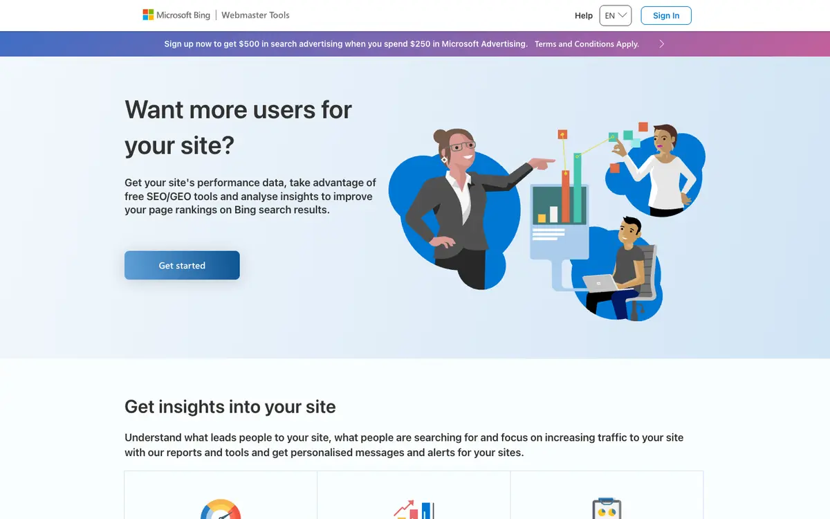 Bing Webmaster Tools home page