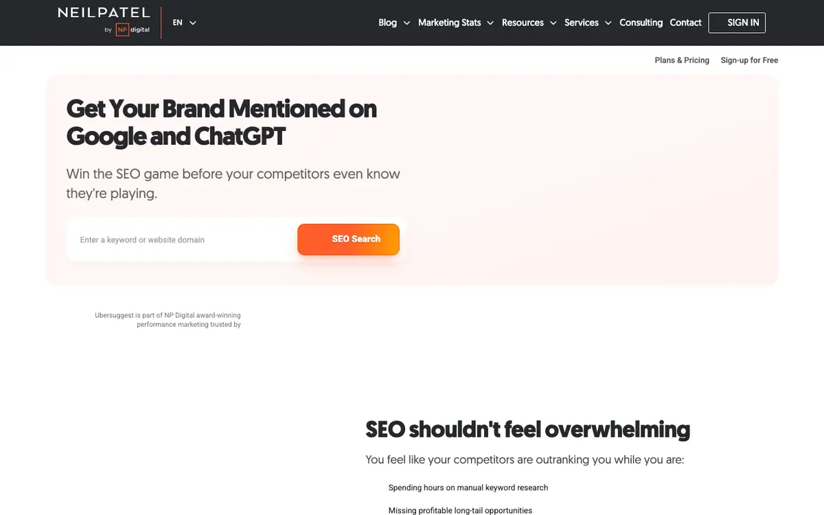 Ubersuggest home page